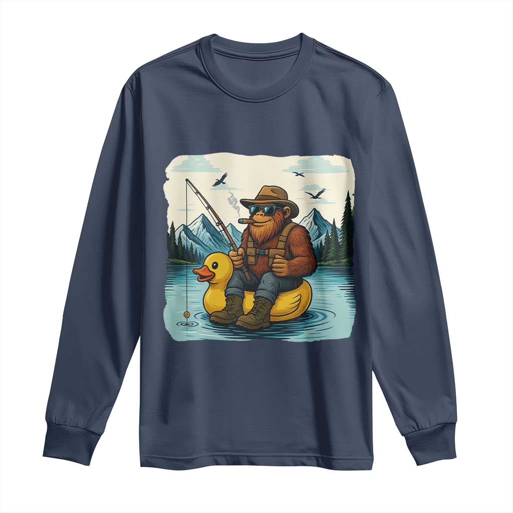 Funny Bigfoot Fishing Long Sleeve Shirt Sasquatch Sitting Rubber Duckie Cruise TS14 Navy Print Your Wear