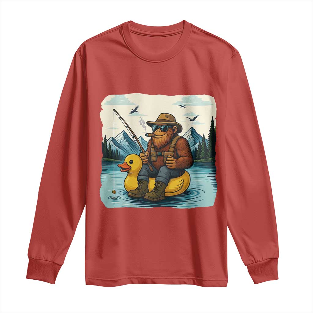 Funny Bigfoot Fishing Long Sleeve Shirt Sasquatch Sitting Rubber Duckie Cruise TS14 Red Print Your Wear