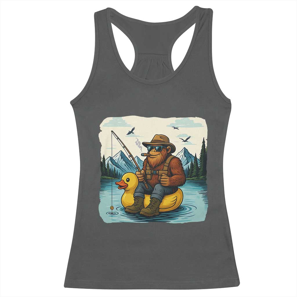 Funny Bigfoot Fishing Racerback Tank Top Sasquatch Sitting Rubber Duckie Cruise TS14 Dark Heather Print Your Wear