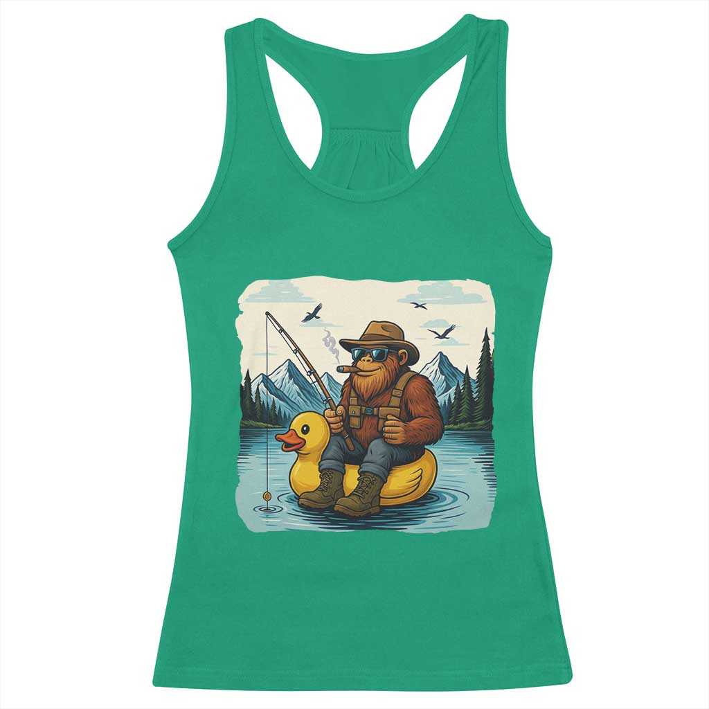 Funny Bigfoot Fishing Racerback Tank Top Sasquatch Sitting Rubber Duckie Cruise TS14 Irish Green Print Your Wear