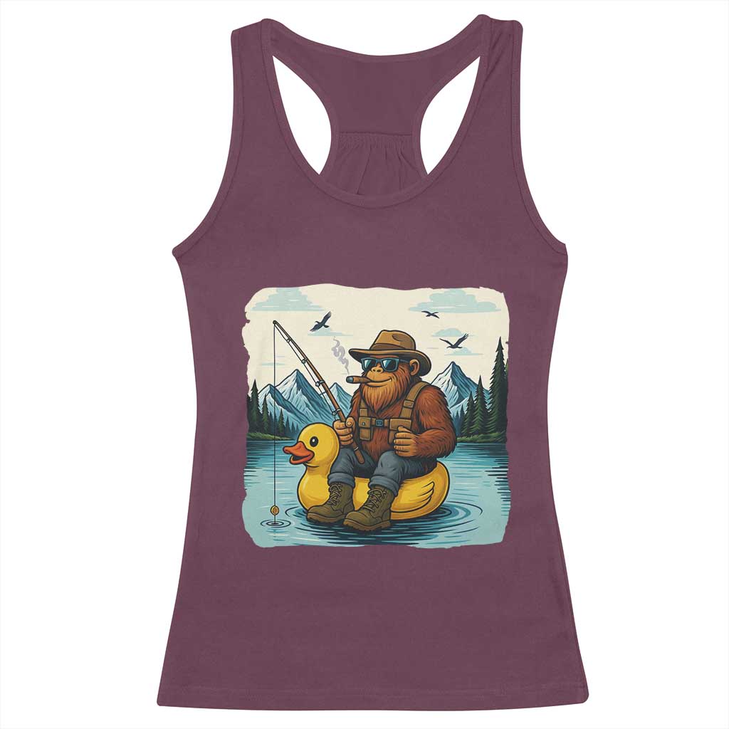 Funny Bigfoot Fishing Racerback Tank Top Sasquatch Sitting Rubber Duckie Cruise TS14 Maroon Print Your Wear