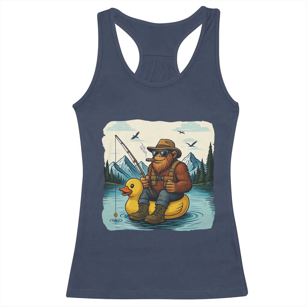 Funny Bigfoot Fishing Racerback Tank Top Sasquatch Sitting Rubber Duckie Cruise TS14 Navy Print Your Wear