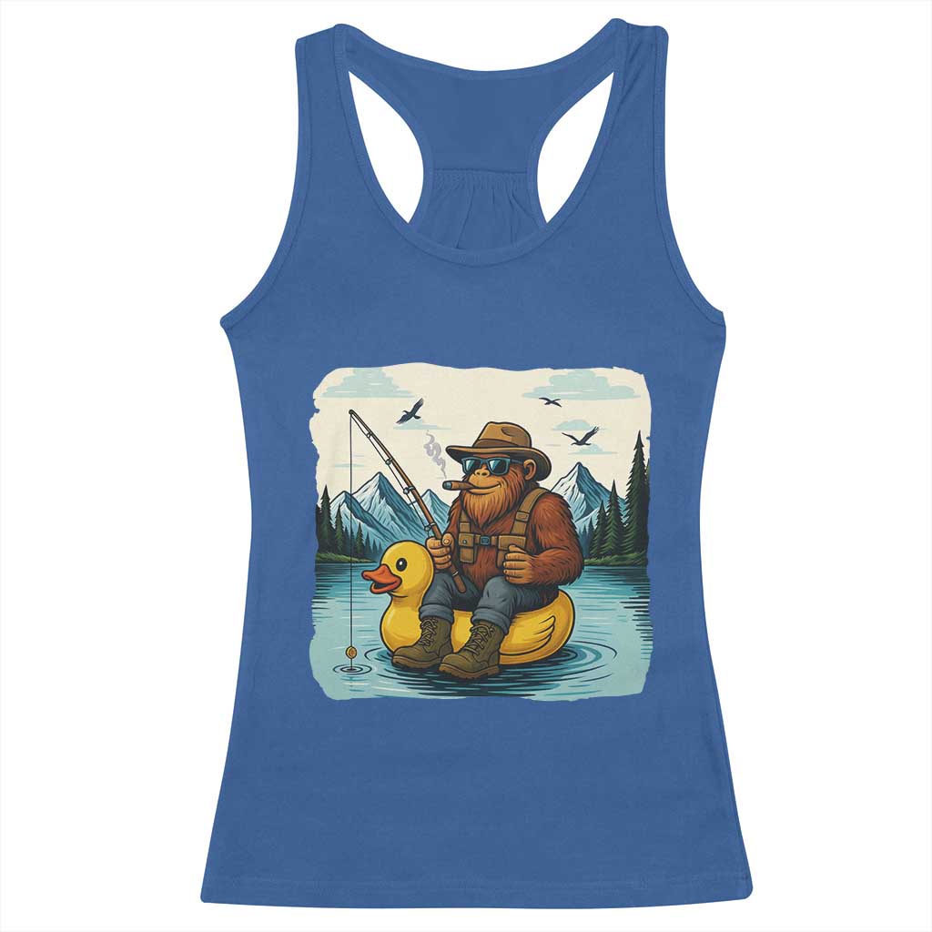 Funny Bigfoot Fishing Racerback Tank Top Sasquatch Sitting Rubber Duckie Cruise TS14 Royal Blue Print Your Wear