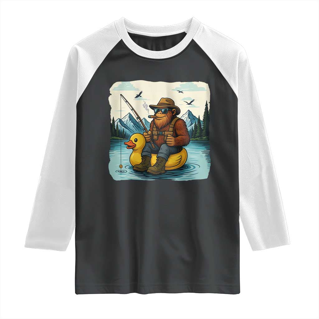 Funny Bigfoot Fishing Raglan Shirt Sasquatch Sitting Rubber Duckie Cruise TS14 Black White Print Your Wear