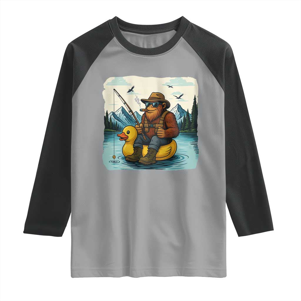 Funny Bigfoot Fishing Raglan Shirt Sasquatch Sitting Rubber Duckie Cruise TS14 Sport Gray Black Print Your Wear