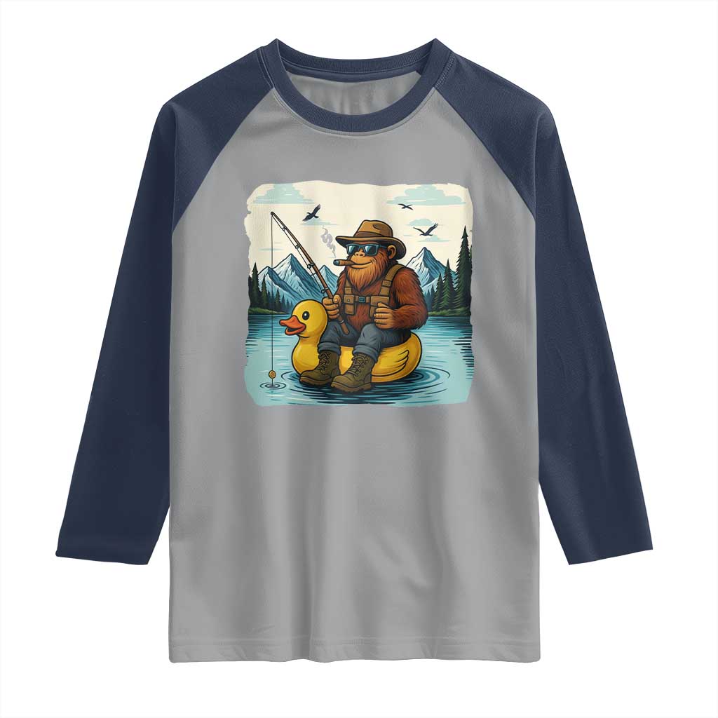 Funny Bigfoot Fishing Raglan Shirt Sasquatch Sitting Rubber Duckie Cruise TS14 Sport Gray Navy Print Your Wear