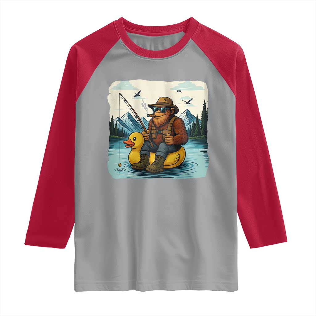 Funny Bigfoot Fishing Raglan Shirt Sasquatch Sitting Rubber Duckie Cruise TS14 Sport Gray Red Print Your Wear