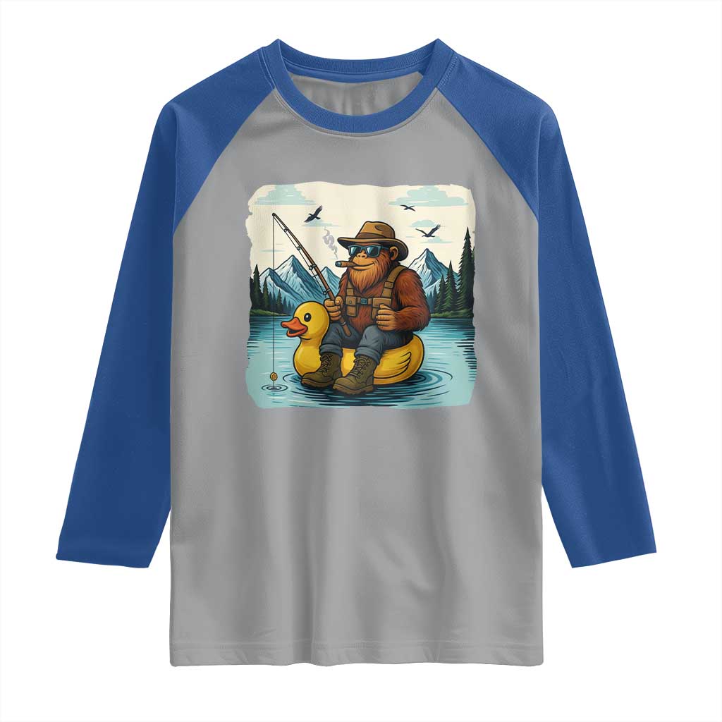 Funny Bigfoot Fishing Raglan Shirt Sasquatch Sitting Rubber Duckie Cruise TS14 Sport Gray Royal Print Your Wear