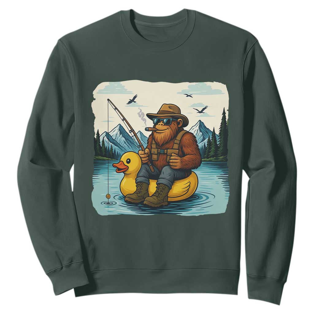 Funny Bigfoot Fishing Sweatshirt Sasquatch Sitting Rubber Duckie Cruise TS14 Dark Forest Green Print Your Wear