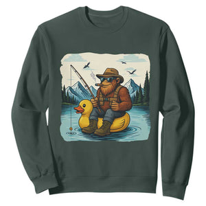 Funny Bigfoot Fishing Sweatshirt Sasquatch Sitting Rubber Duckie Cruise TS14 Dark Forest Green Print Your Wear