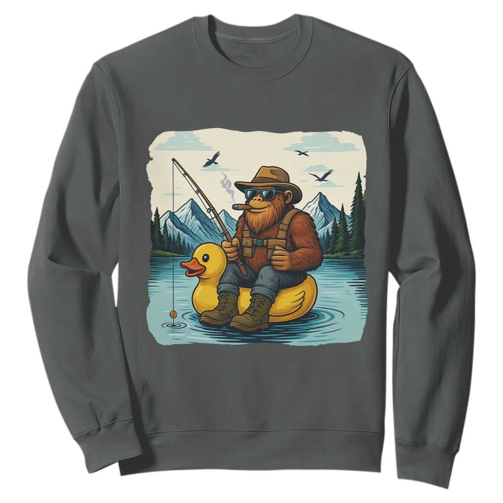 Funny Bigfoot Fishing Sweatshirt Sasquatch Sitting Rubber Duckie Cruise TS14 Dark Heather Print Your Wear