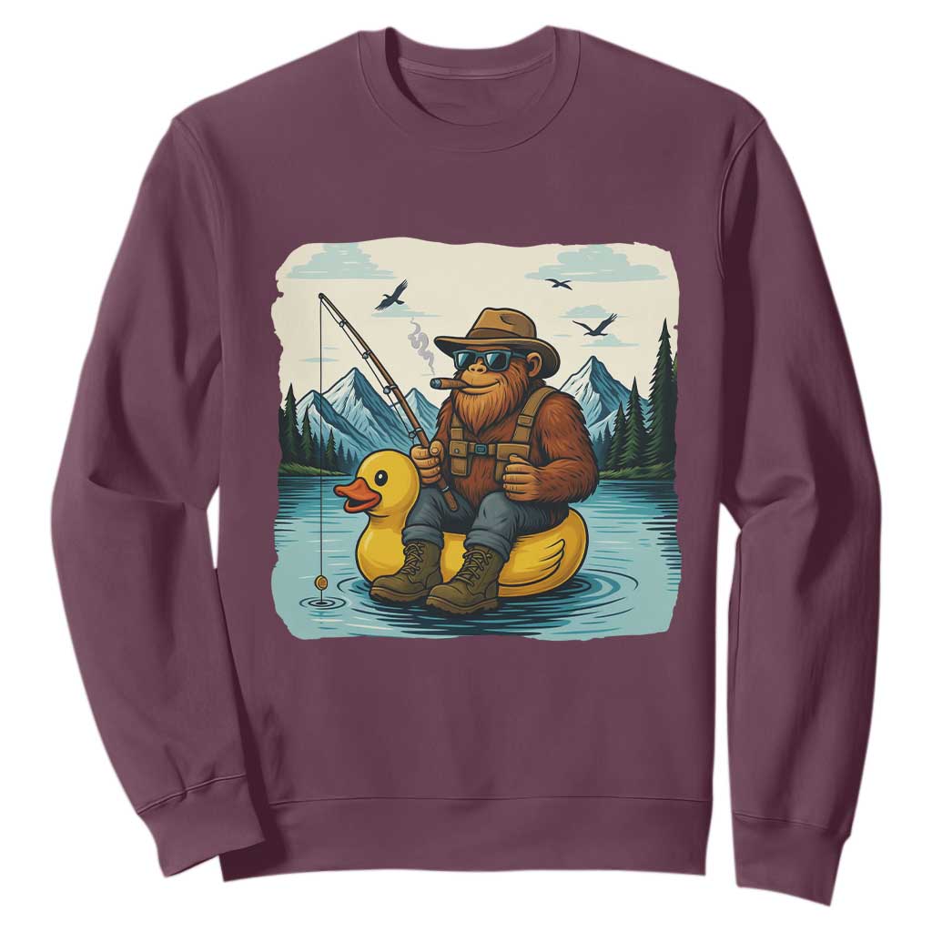 Funny Bigfoot Fishing Sweatshirt Sasquatch Sitting Rubber Duckie Cruise TS14 Maroon Print Your Wear