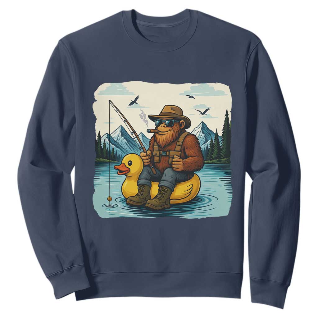 Funny Bigfoot Fishing Sweatshirt Sasquatch Sitting Rubber Duckie Cruise TS14 Navy Print Your Wear