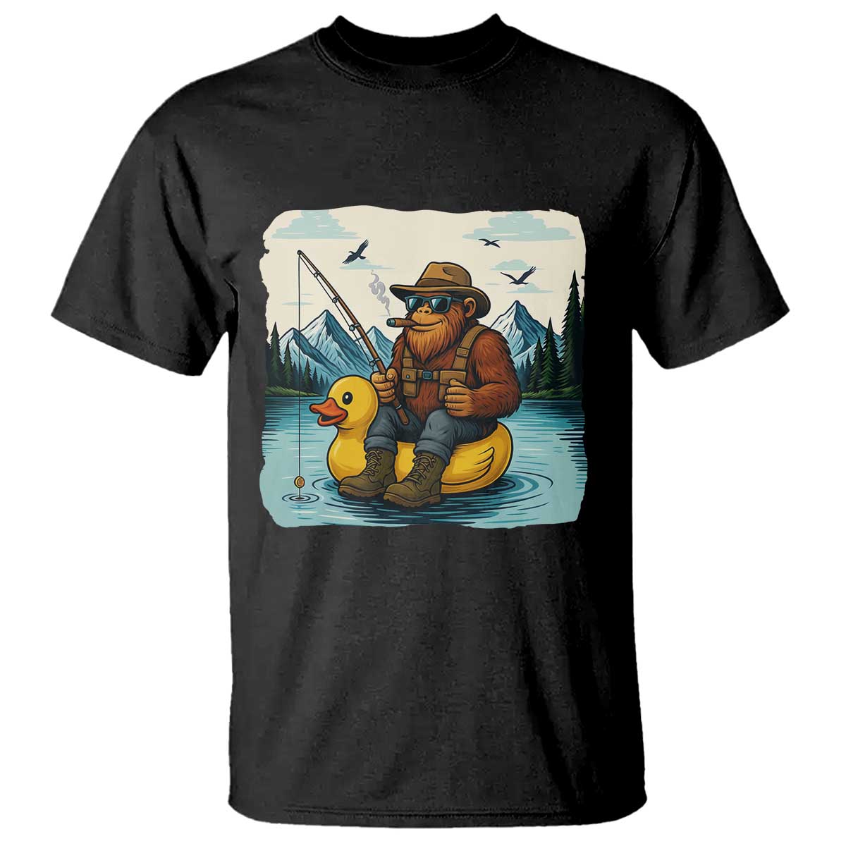 Funny Bigfoot Fishing T Shirt Sasquatch Sitting Rubber Duckie Cruise TS14 Black Print Your Wear