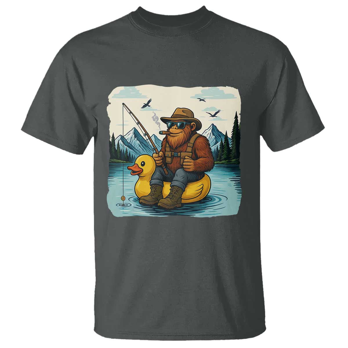Funny Bigfoot Fishing T Shirt Sasquatch Sitting Rubber Duckie Cruise TS14 Dark Heather Print Your Wear