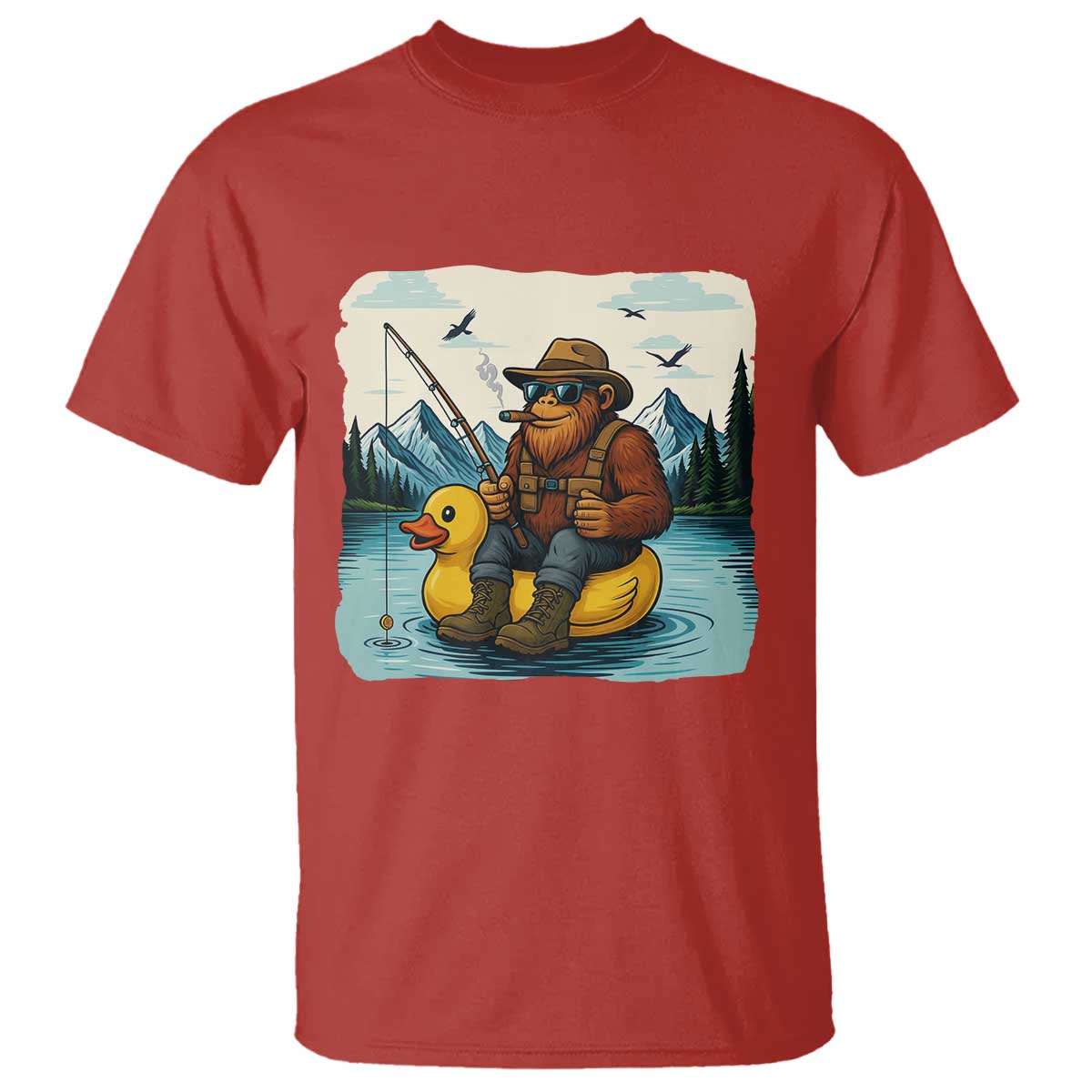 Funny Bigfoot Fishing T Shirt Sasquatch Sitting Rubber Duckie Cruise TS14 Red Print Your Wear