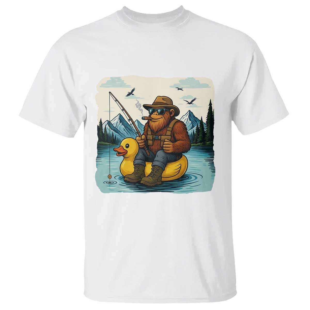 Funny Bigfoot Fishing T Shirt Sasquatch Sitting Rubber Duckie Cruise TS14 White Print Your Wear