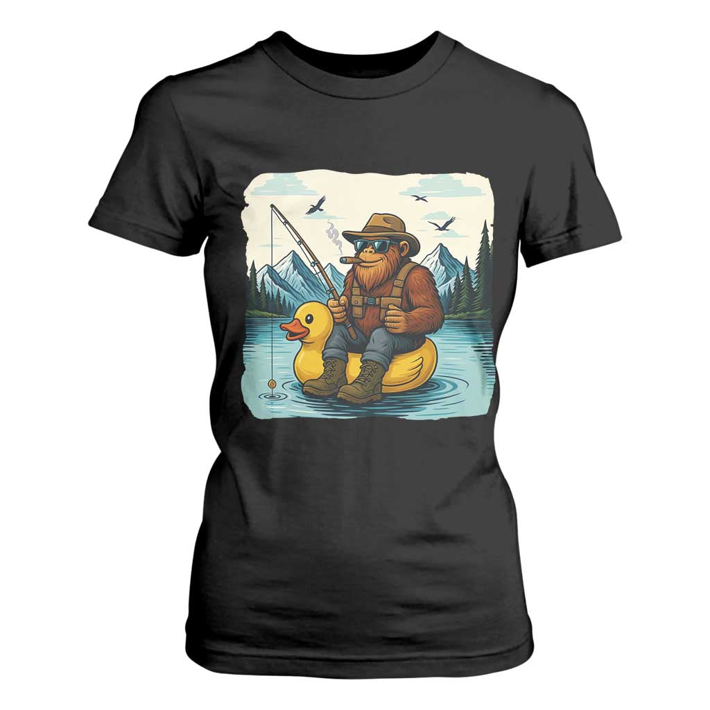 Funny Bigfoot Fishing T Shirt For Women Sasquatch Sitting Rubber Duckie Cruise TS14 Black Print Your Wear