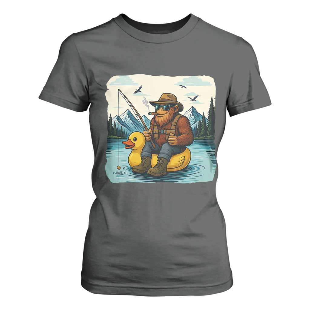 Funny Bigfoot Fishing T Shirt For Women Sasquatch Sitting Rubber Duckie Cruise TS14 Dark Heather Print Your Wear