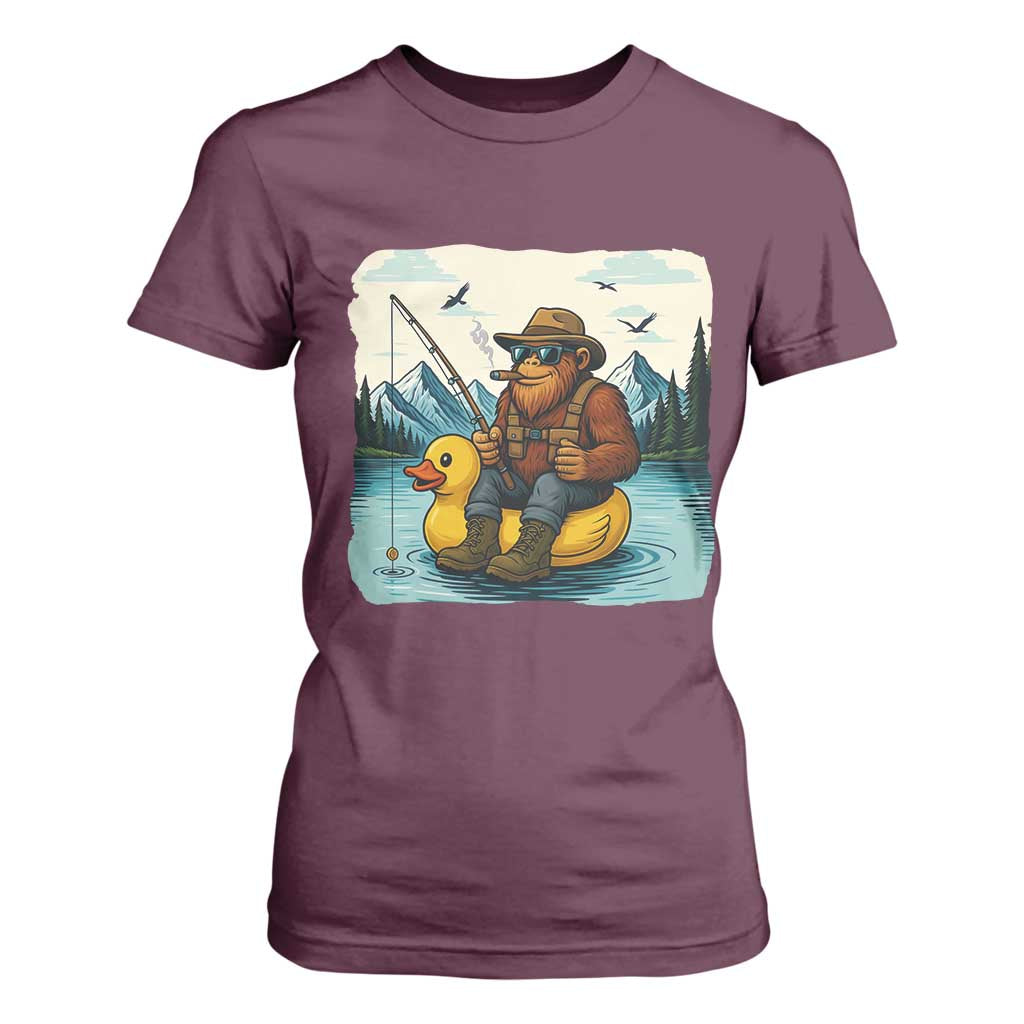 Funny Bigfoot Fishing T Shirt For Women Sasquatch Sitting Rubber Duckie Cruise TS14 Maroon Print Your Wear