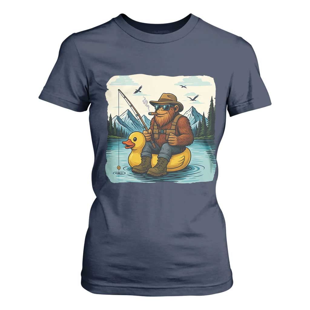 Funny Bigfoot Fishing T Shirt For Women Sasquatch Sitting Rubber Duckie Cruise TS14 Navy Print Your Wear