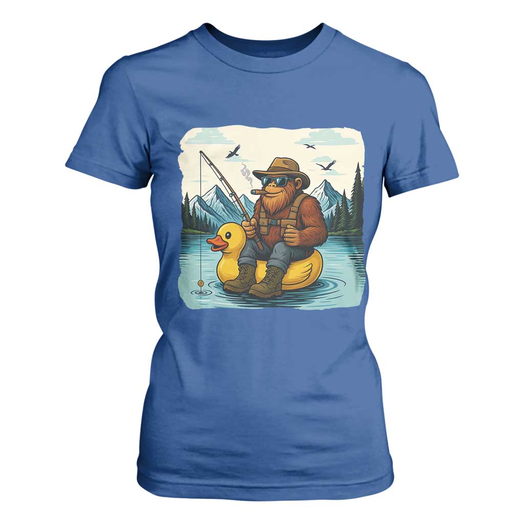 Funny Bigfoot Fishing T Shirt For Women Sasquatch Sitting Rubber Duckie Cruise TS14 Royal Blue Print Your Wear