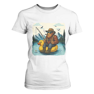 Funny Bigfoot Fishing T Shirt For Women Sasquatch Sitting Rubber Duckie Cruise TS14 White Print Your Wear