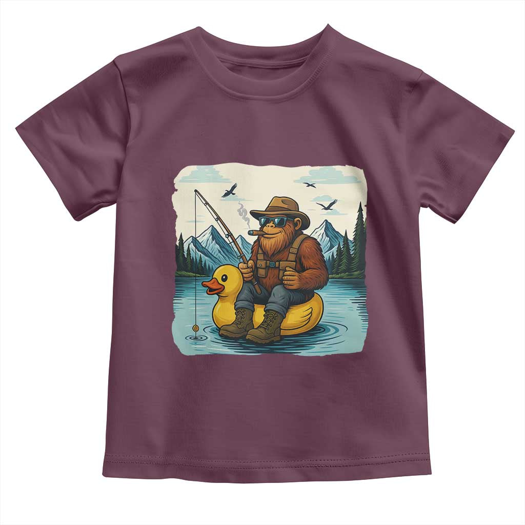 Funny Bigfoot Fishing Toddler T Shirt Sasquatch Sitting Rubber Duckie Cruise TS14 Maroon Print Your Wear
