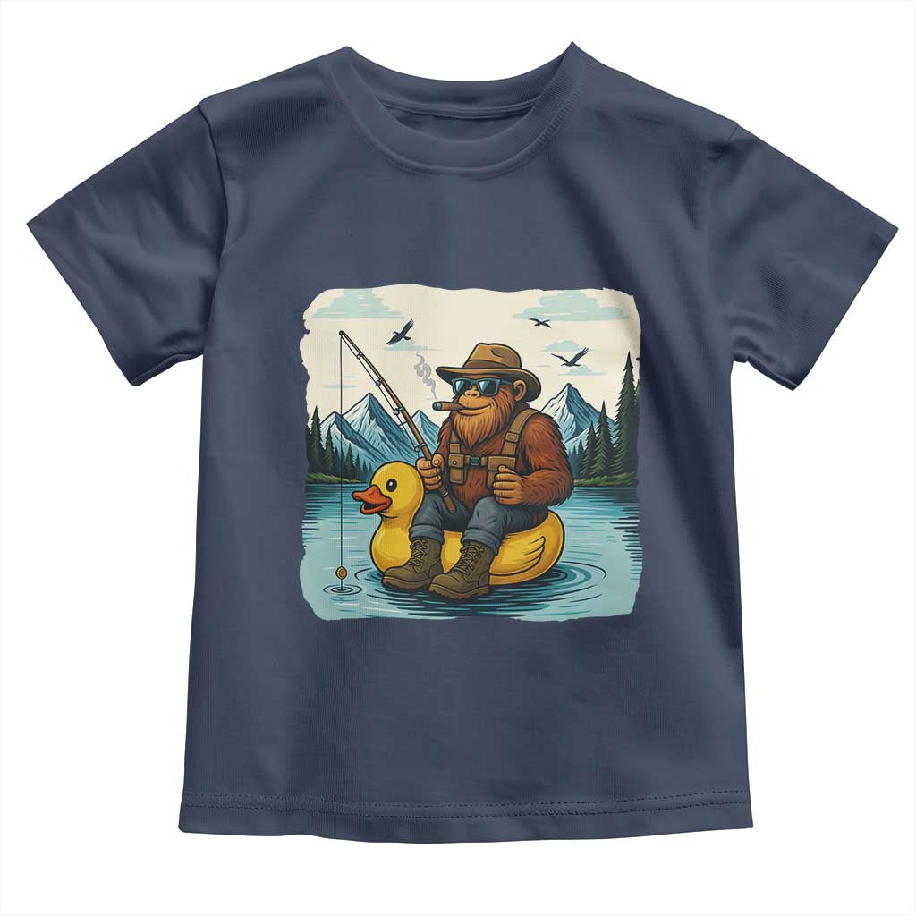 Funny Bigfoot Fishing Toddler T Shirt Sasquatch Sitting Rubber Duckie Cruise TS14 Navy Print Your Wear