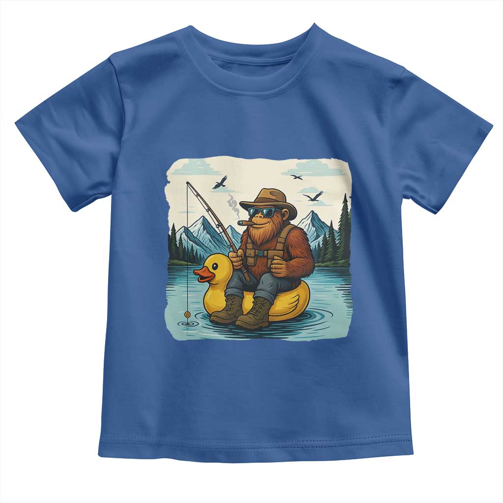 Funny Bigfoot Fishing Toddler T Shirt Sasquatch Sitting Rubber Duckie Cruise TS14 Royal Blue Print Your Wear