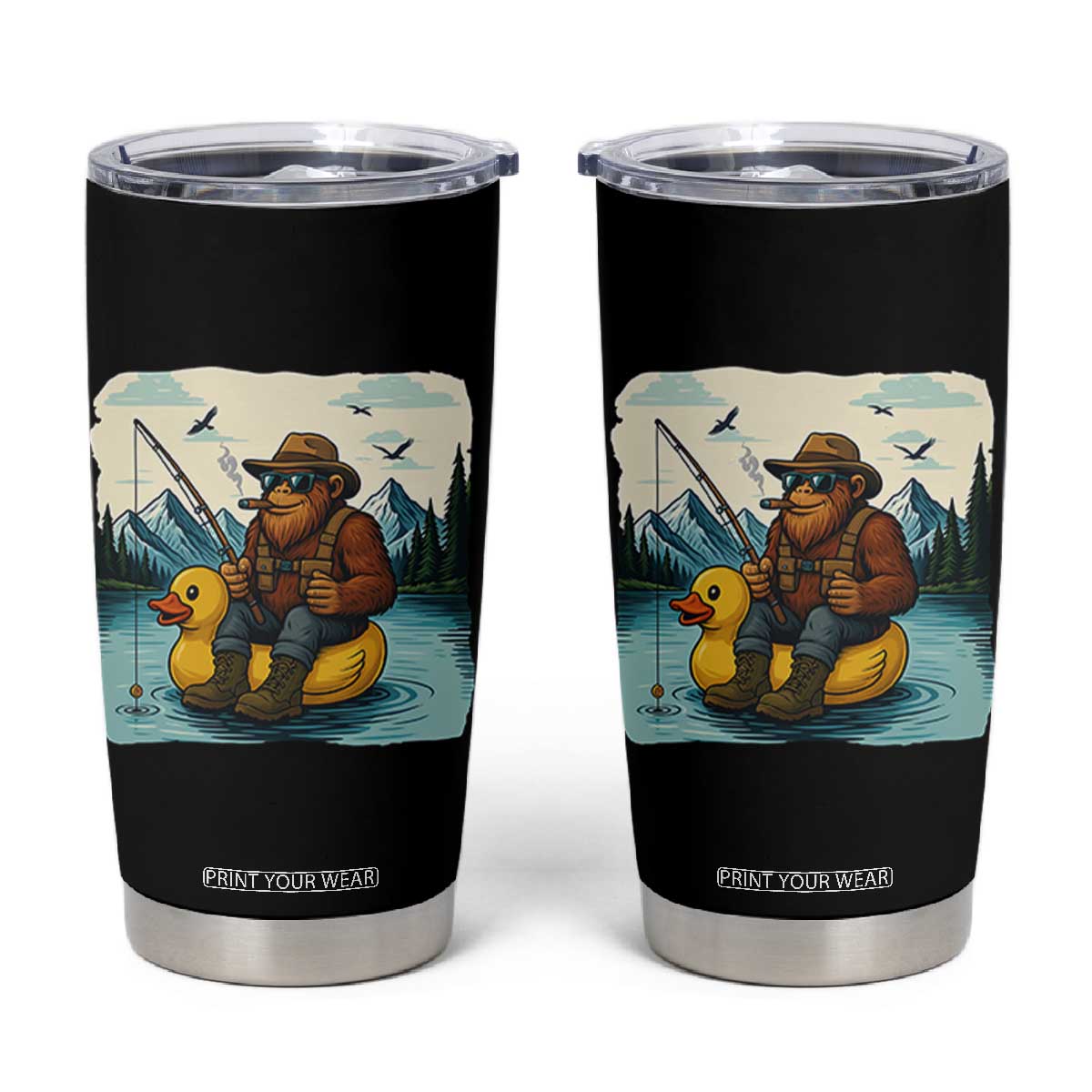 Funny Bigfoot Fishing Tumbler Cup Sasquatch Sitting Rubber Duckie Cruise TS14 Black Print Your Wear