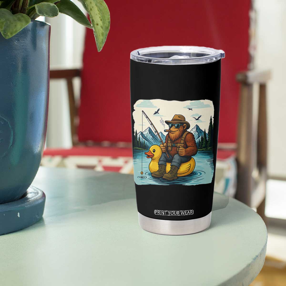 Funny Bigfoot Fishing Tumbler Cup Sasquatch Sitting Rubber Duckie Cruise TS14 Print Your Wear