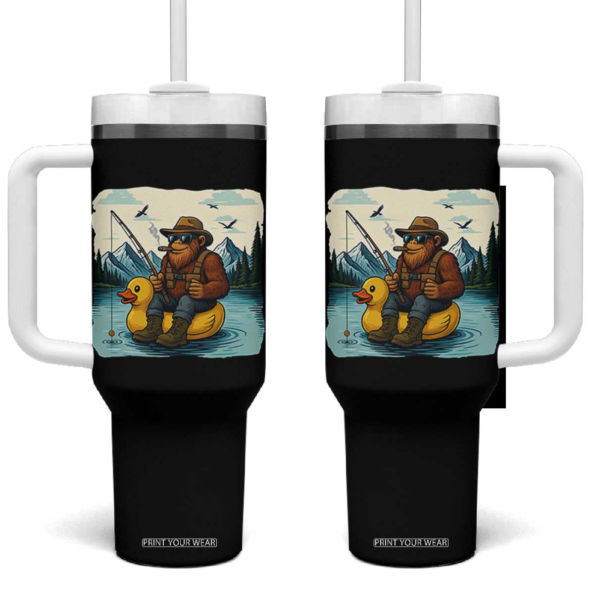 Funny Bigfoot Fishing Tumbler With Handle Sasquatch Sitting Rubber Duckie Cruise TS14 One Size: 40 oz Black Print Your Wear