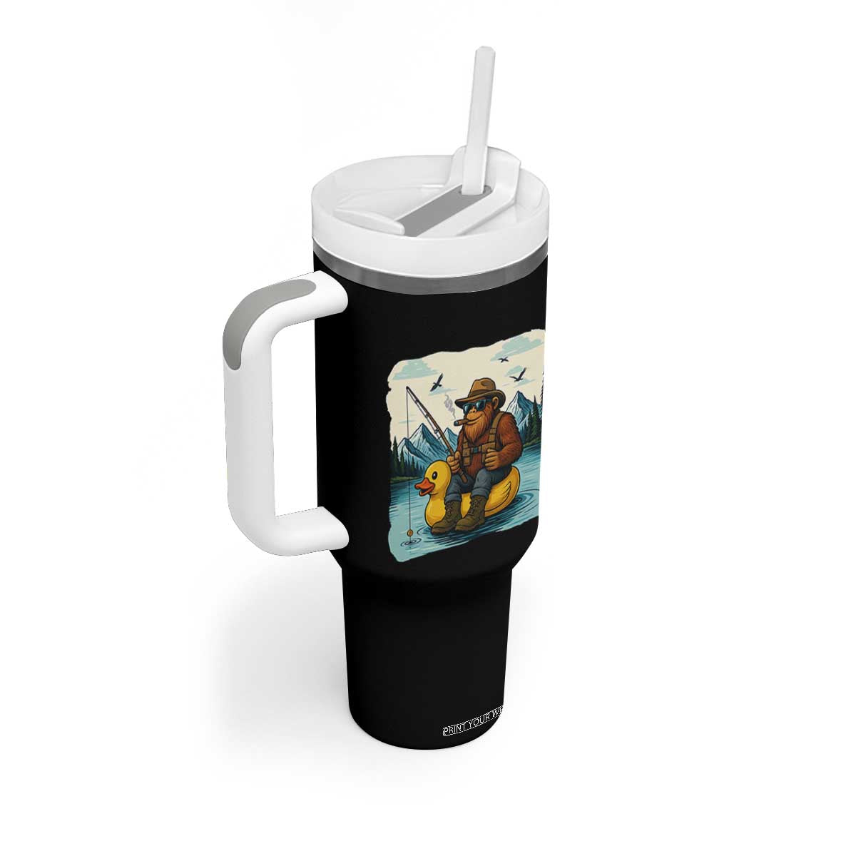 Funny Bigfoot Fishing Tumbler With Handle Sasquatch Sitting Rubber Duckie Cruise TS14 Print Your Wear