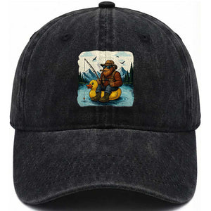 Funny Bigfoot Fishing Washed Cotton Baseball Cap Sasquatch Sitting Rubber Duckie Cruise TS14 Washed Cap Universal Fit Black Print Your Wear