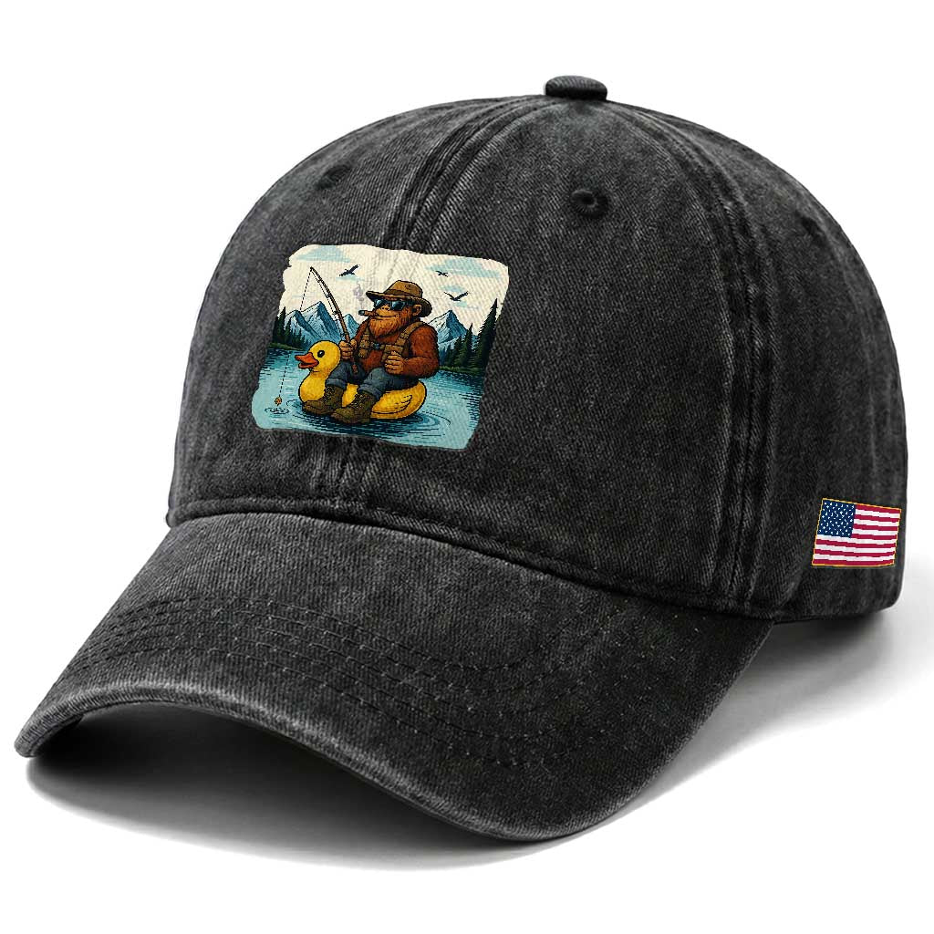 Funny Bigfoot Fishing Washed Cotton Baseball Cap Sasquatch Sitting Rubber Duckie Cruise TS14 Print Your Wear