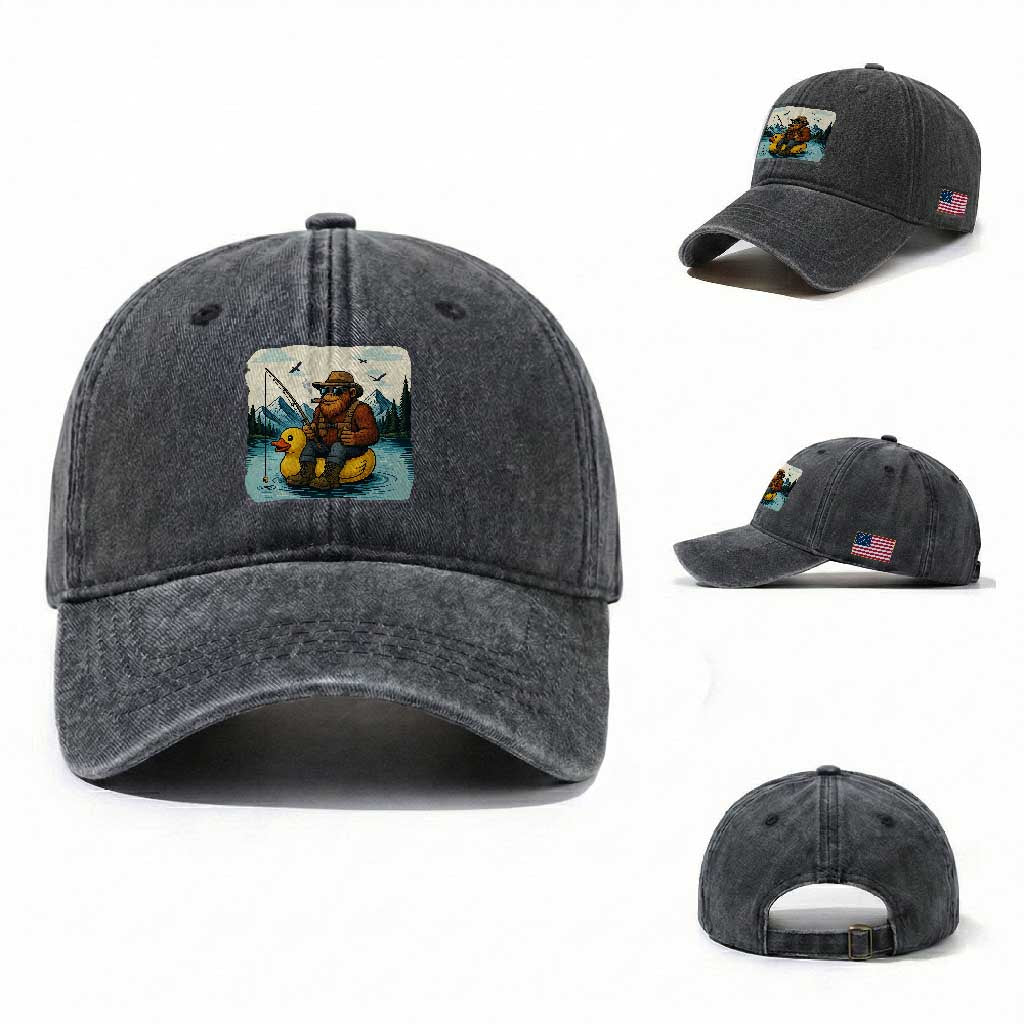 Funny Bigfoot Fishing Washed Cotton Baseball Cap Sasquatch Sitting Rubber Duckie Cruise TS14 Washed Cap Universal Fit Dark Gray Print Your Wear
