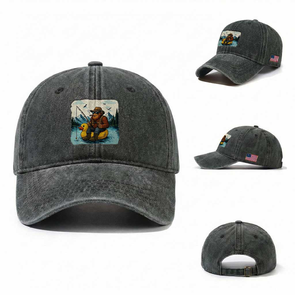 Funny Bigfoot Fishing Washed Cotton Baseball Cap Sasquatch Sitting Rubber Duckie Cruise TS14 Washed Cap Universal Fit Dark Green Print Your Wear