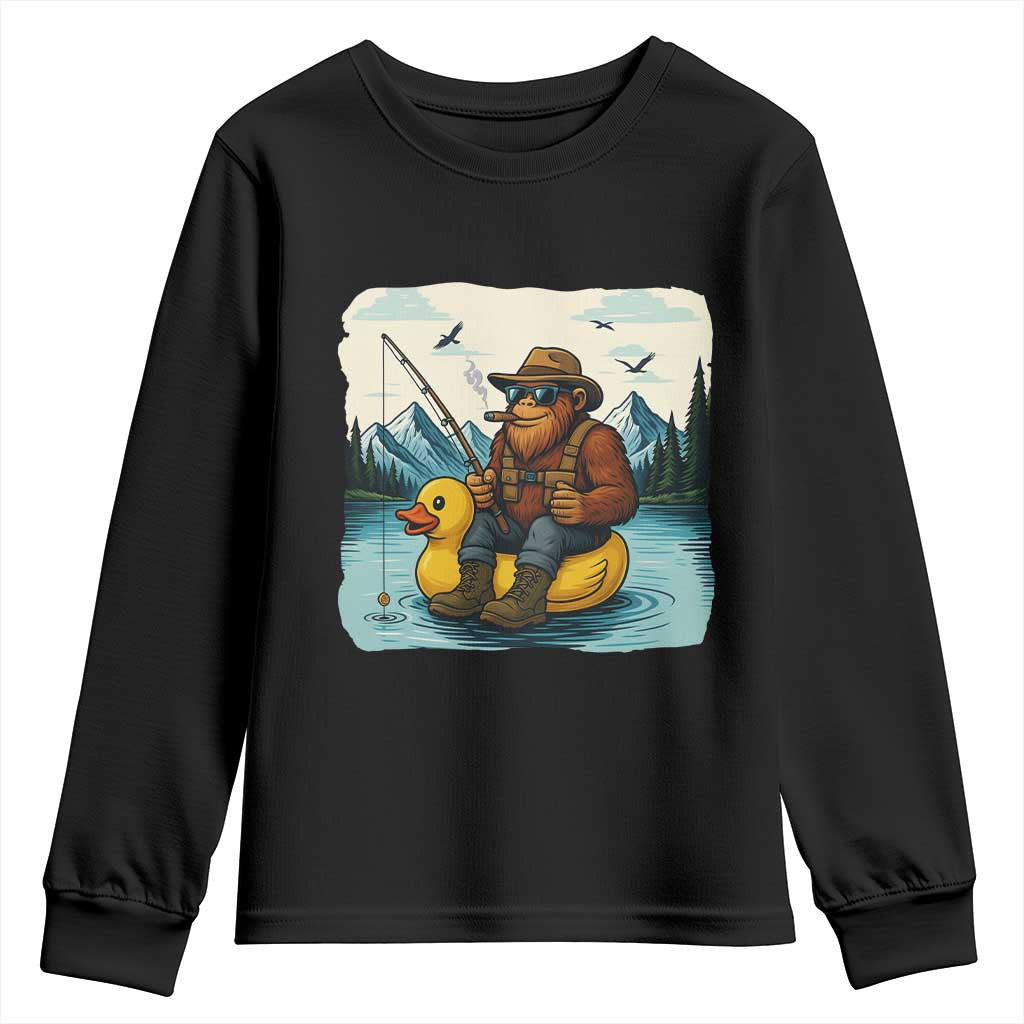 Funny Bigfoot Fishing Youth Sweatshirt Sasquatch Sitting Rubber Duckie Cruise TS14 Black Print Your Wear