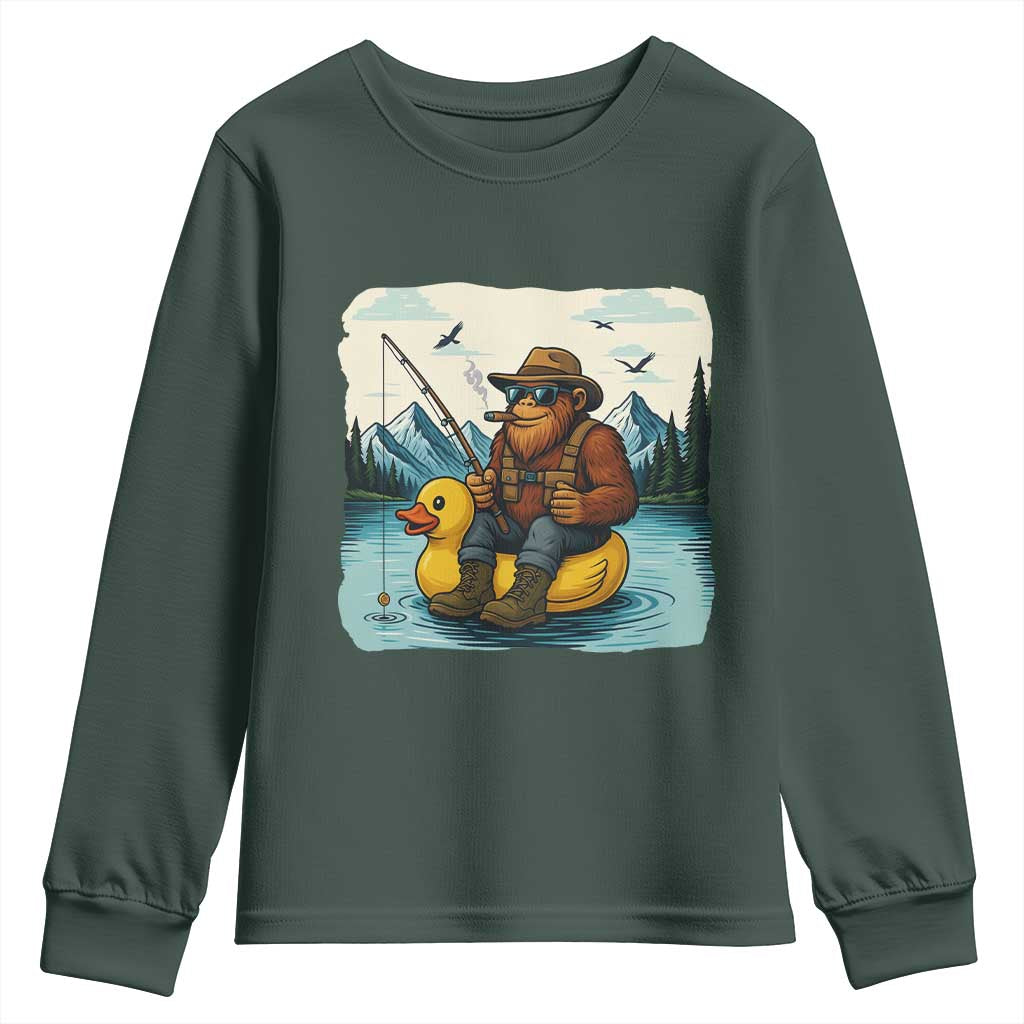 Funny Bigfoot Fishing Youth Sweatshirt Sasquatch Sitting Rubber Duckie Cruise TS14 Dark Forest Green Print Your Wear