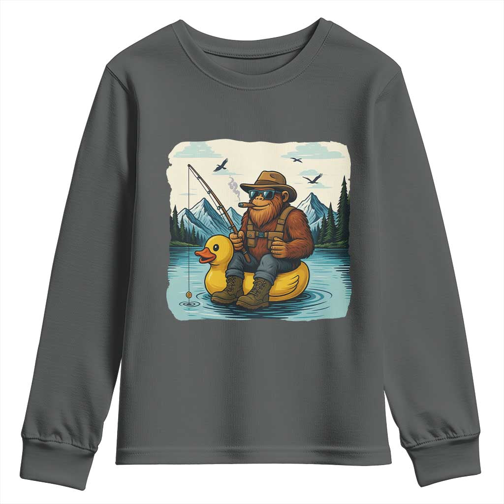 Funny Bigfoot Fishing Youth Sweatshirt Sasquatch Sitting Rubber Duckie Cruise TS14 Dark Heather Print Your Wear