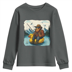 Funny Bigfoot Fishing Youth Sweatshirt Sasquatch Sitting Rubber Duckie Cruise TS14 Dark Heather Print Your Wear