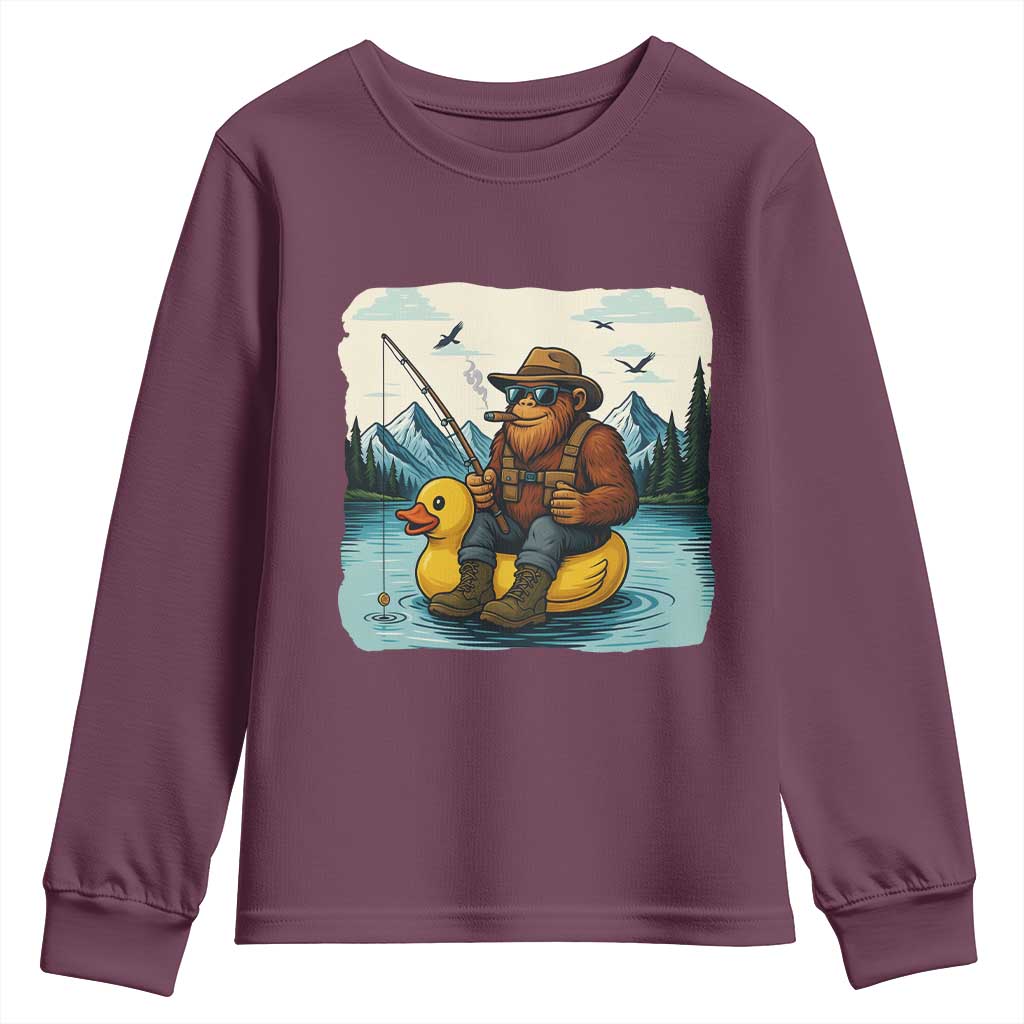 Funny Bigfoot Fishing Youth Sweatshirt Sasquatch Sitting Rubber Duckie Cruise TS14 Maroon Print Your Wear