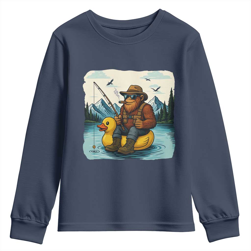 Funny Bigfoot Fishing Youth Sweatshirt Sasquatch Sitting Rubber Duckie Cruise TS14 Navy Print Your Wear