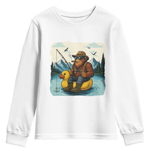 Funny Bigfoot Fishing Youth Sweatshirt Sasquatch Sitting Rubber Duckie Cruise TS14 White Print Your Wear