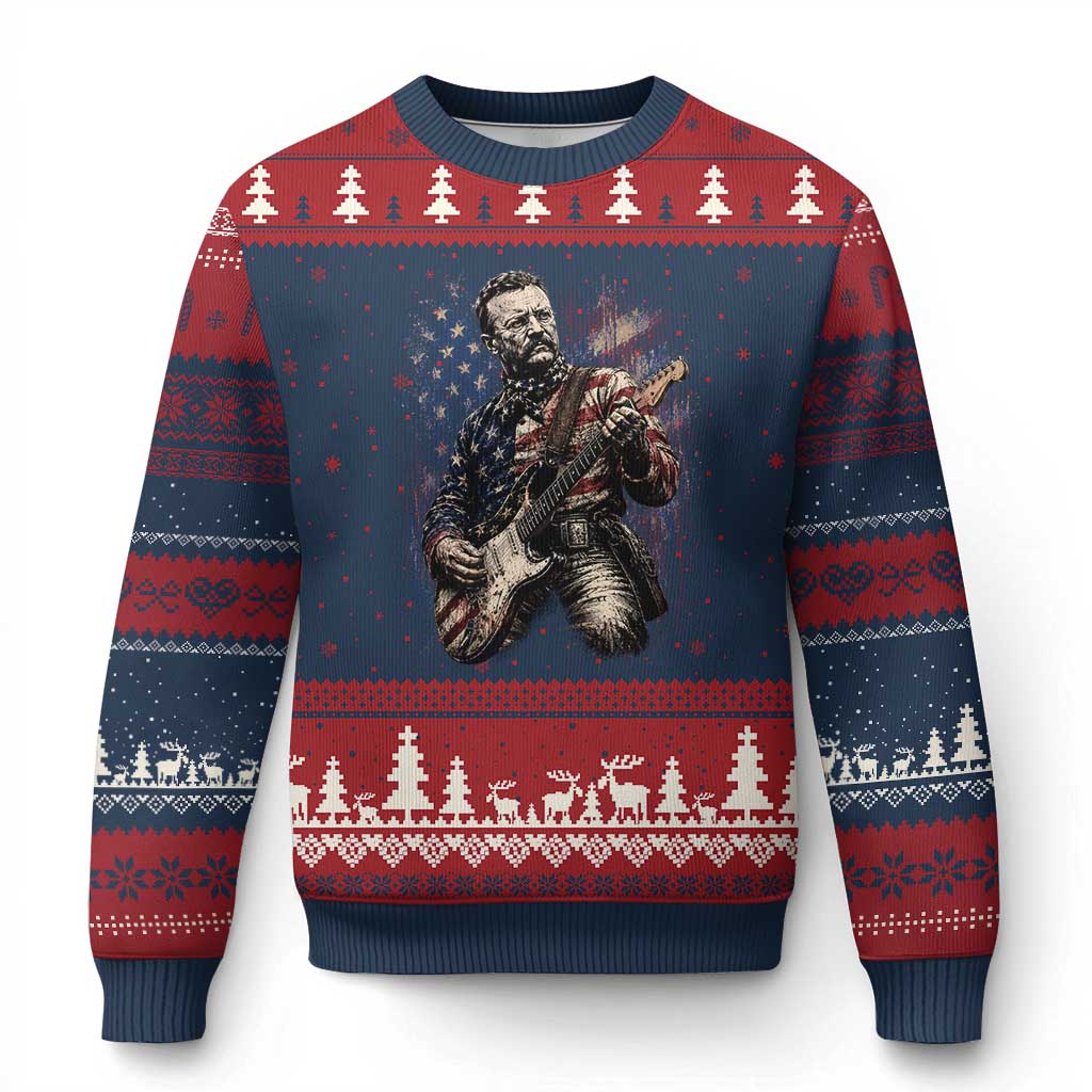 Teddy Roosevelt Playing Guitar 4th of July Ugly Christmas Sweater