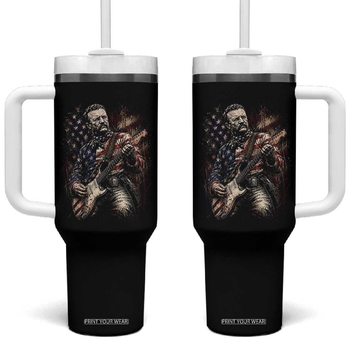 Teddy Roosevelt Playing Guitar 4th of July Tumbler With Handle TS14 One Size: 40 oz Black Print Your Wear