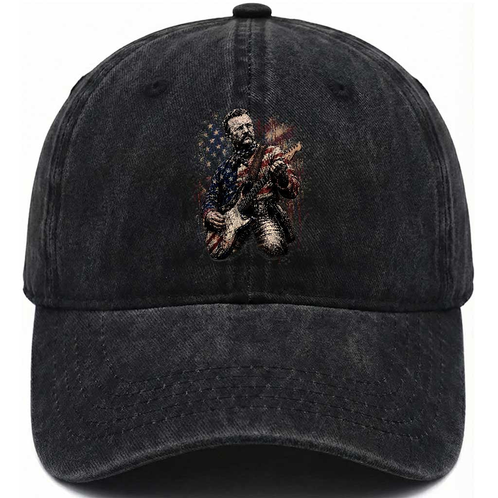 Teddy Roosevelt Playing Guitar 4th of July Washed Cotton Baseball Cap TS14 Print Your Wear