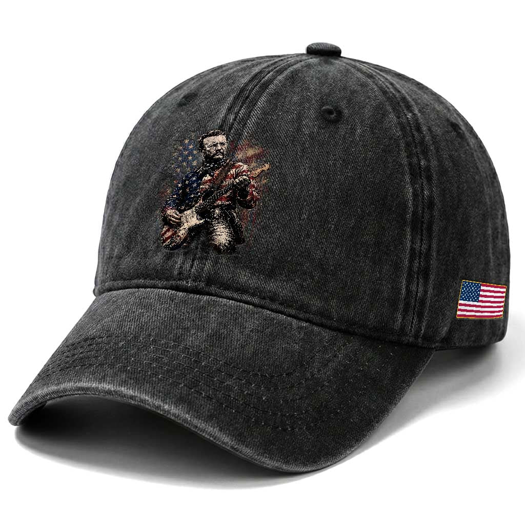 Teddy Roosevelt Playing Guitar 4th of July Washed Cotton Baseball Cap