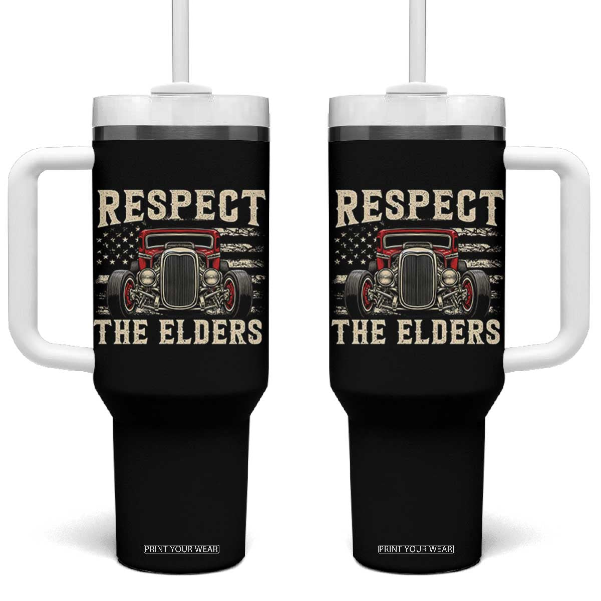 Respect The Elders Tumbler With Handle 1932 American Classic Hotrod TS14 One Size: 40 oz Black Print Your Wear